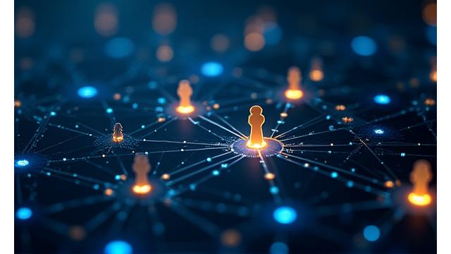 An abstract depiction of artificial intelligence algorithms matching candidates to jobs with lines connecting profiles to roles.